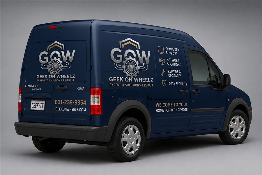 The Geek On Wheelz service van, wrapped in the company logo and services list
